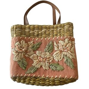 Vintage y2k Woven Straw Rattan‎ Purse Floral Leather Handles by Q&A